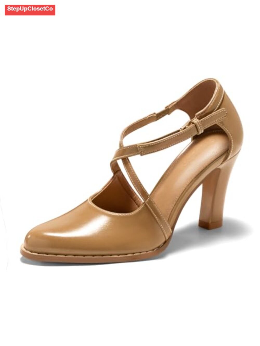 Pointed Toe Chunky High Heel Pumps Faux Leather Cross Strap